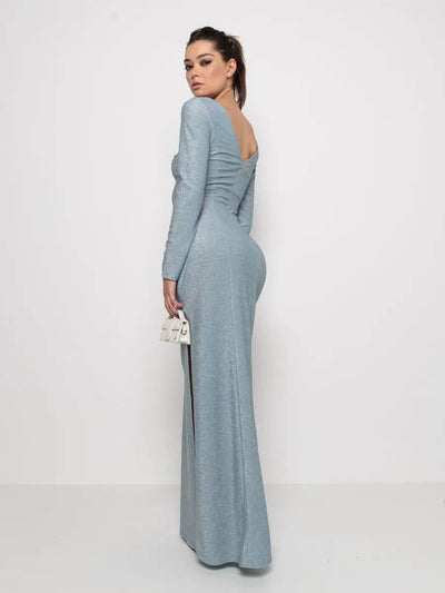 Damen Glamouröses Maxikleid mit langem Arm und eleganter Rückenansicht Heidi-Mode