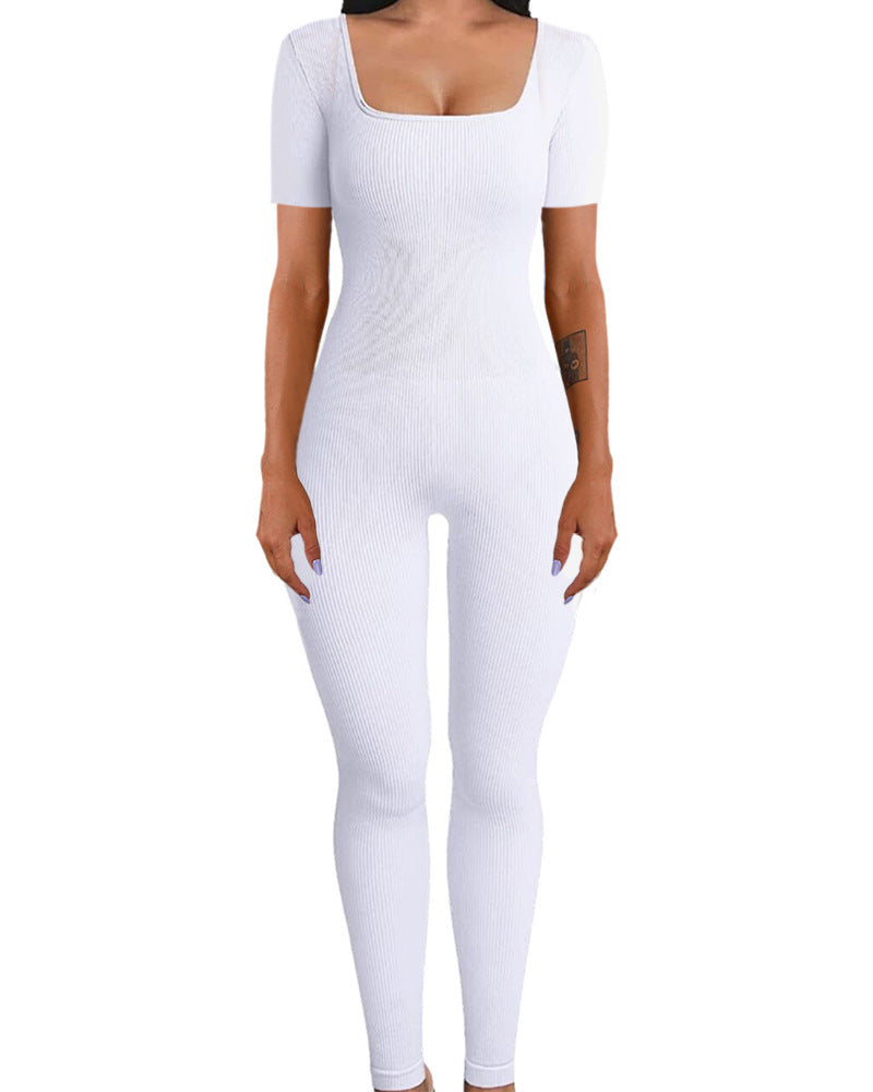 Damen figurbetontes Rippstrick-Jumpsuit mit quadratischem Ausschnitt Heidi-Mode