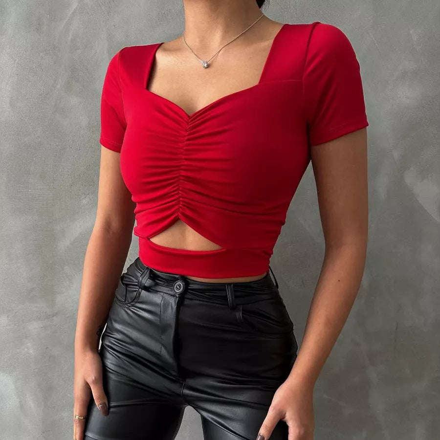 Damen figurbetontes Oberteil mit V-Ausschnitt und gerafftem Design Heidi-Mode