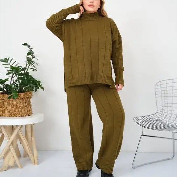 Damen lässiger Strickanzug mit hochgeschlossenem Kragen und elegantem Rippenmuster Heidi-Mode