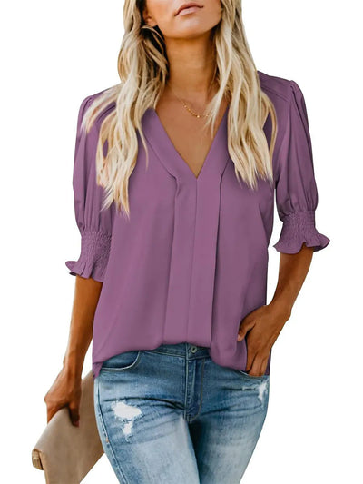 Damen elegante Bluse mit V-Ausschnitt und Rüschendetails Heidi-Mode