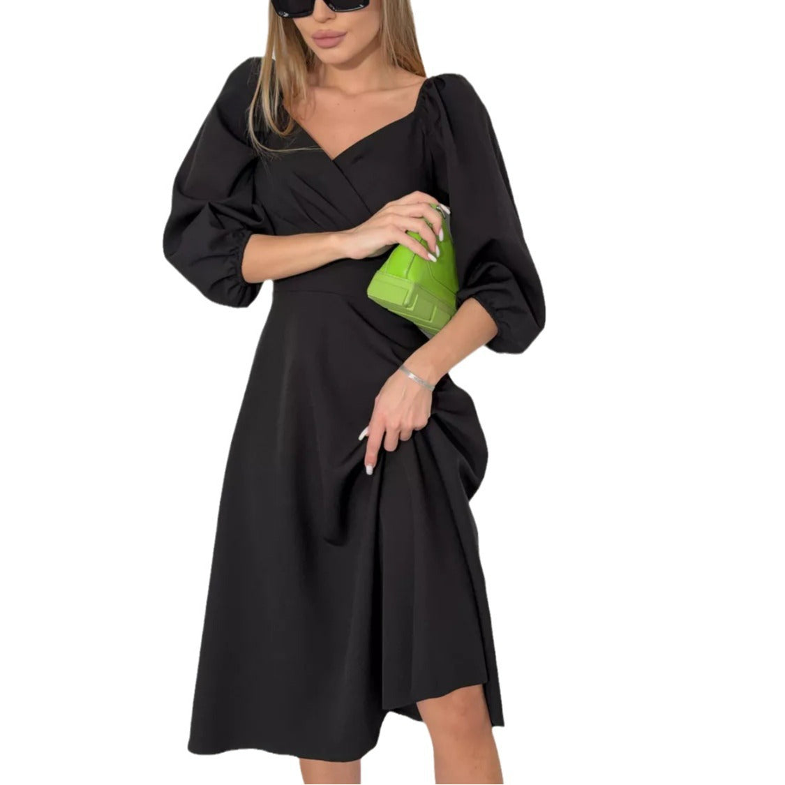 Damen Wickelkleid mit volumetrischen Ärmeln und elegantem V-Ausschnitt Heidi-Mode
