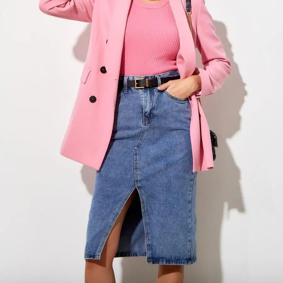 Damen denim Midirock mit hohem Schlitz und vielseitigem Design Heidi-Mode