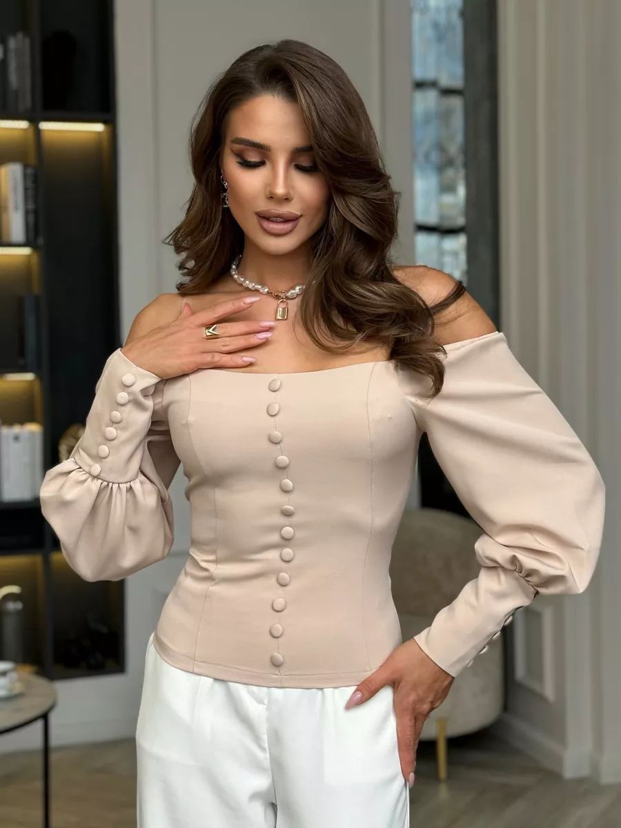 Damen Off-Shoulder Bluse mit eleganten Puffärmeln und Knopfdetails Heidi-Mode