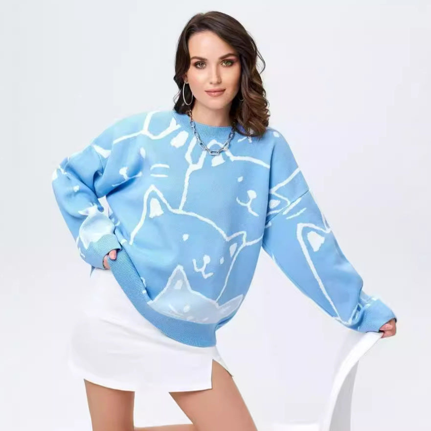 Damen lässiger Pullover mit modernem Katzendesign und oversized Passform Heidi-Mode