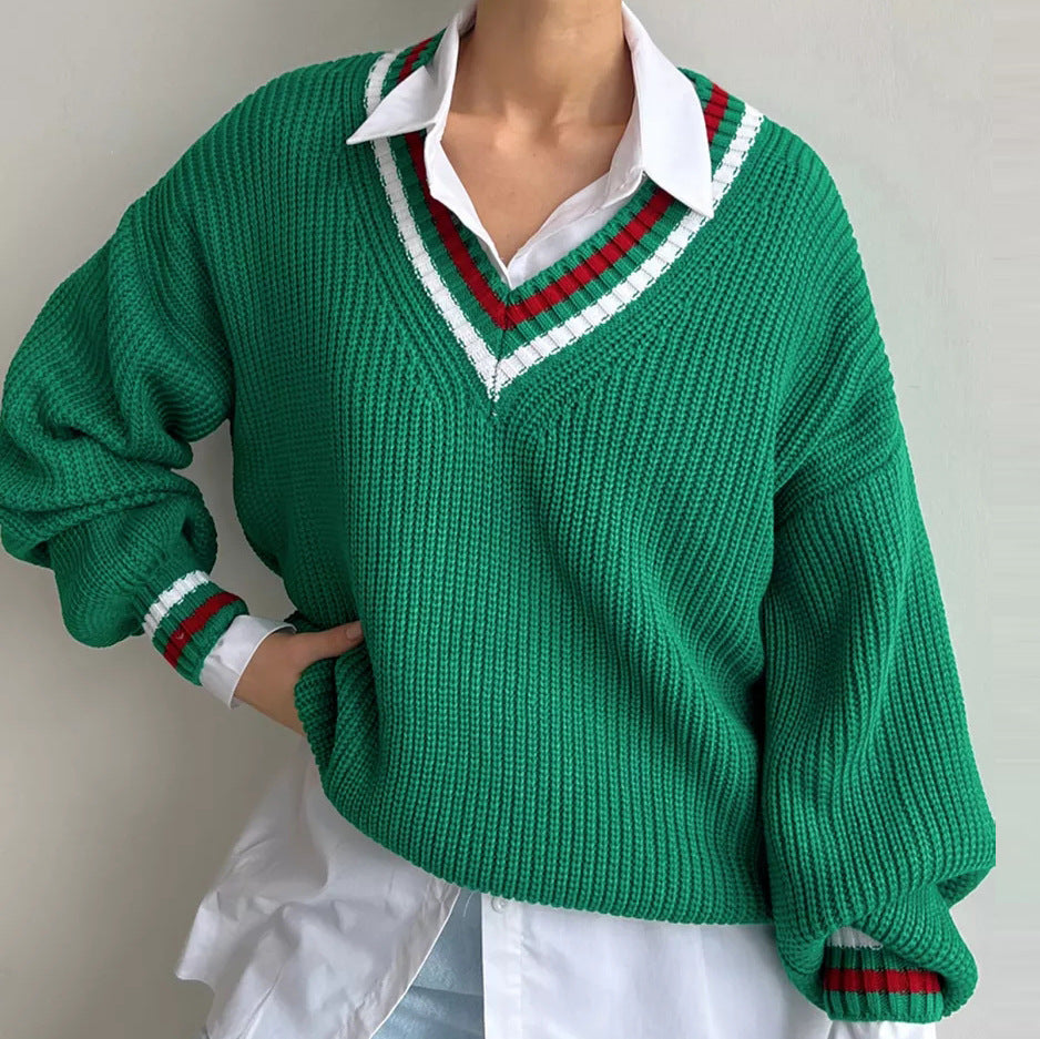 Damen Strickpullover mit V-Ausschnitt und gestreiften Details Heidi-Mode