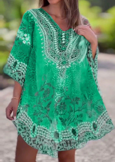 Damen lässiges Kaftan-Kleid mit V-Ausschnitt und exquisite Druckmuster Heidi-Mode