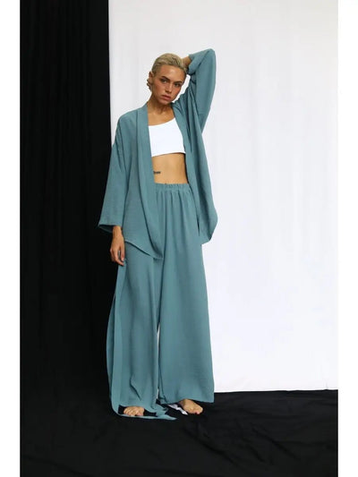 Damen eleganter Kimono-Style Morgenmantel mit stilvollem Gürtel und langen Ärmeln Heidi-Mode