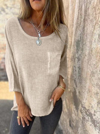 Damen lässiges Linenshirt mit praktischer Brusttasche und weitem Schnitt Heidi-Mode