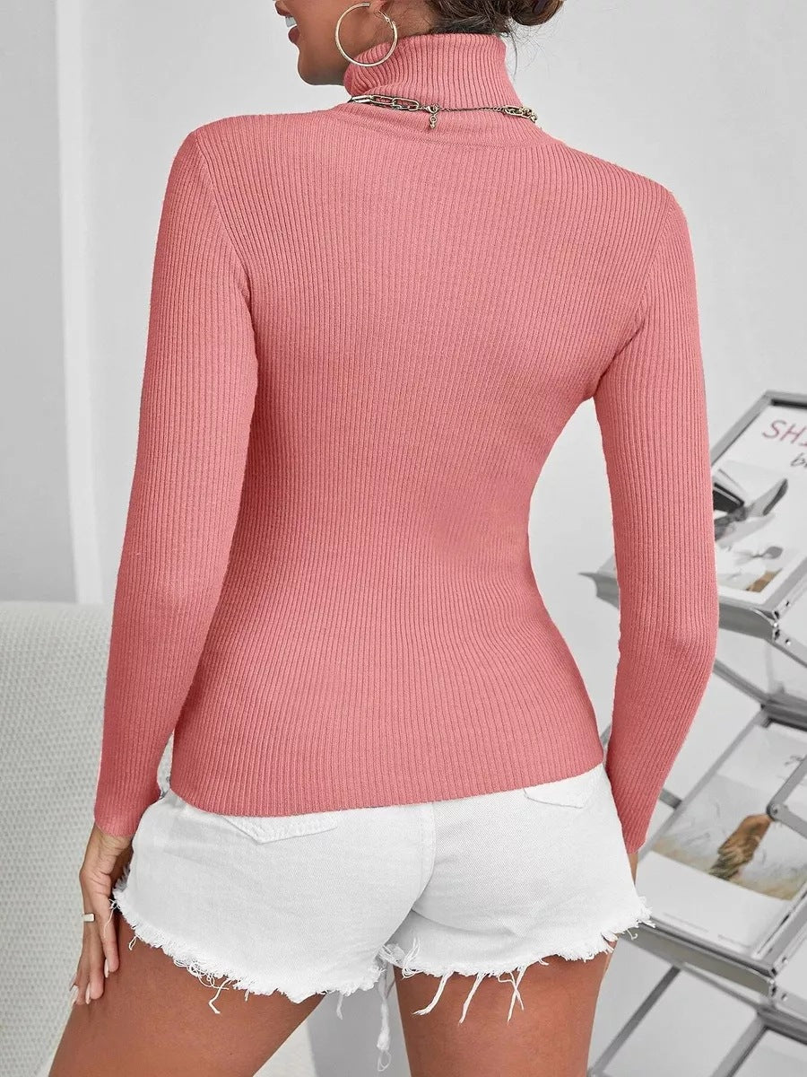 Damen figurbetontes Langarmoberteil mit hohen Kragen und feiner Rippstruktur Heidi-Mode