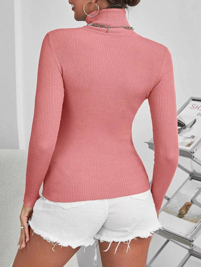 Damen figurbetontes Langarmoberteil mit hohen Kragen und feiner Rippstruktur Heidi-Mode