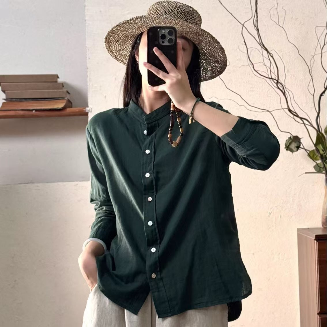 Femme Leichtes Langarm-Button-Up Tunika-Shirt Heidi-Mode