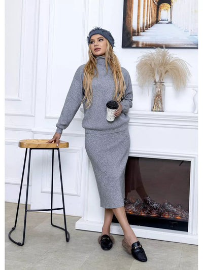 Damen Set aus Pullover und Rock mit hohem Kragen und eleganten Seitenschlitzen Heidi-Mode