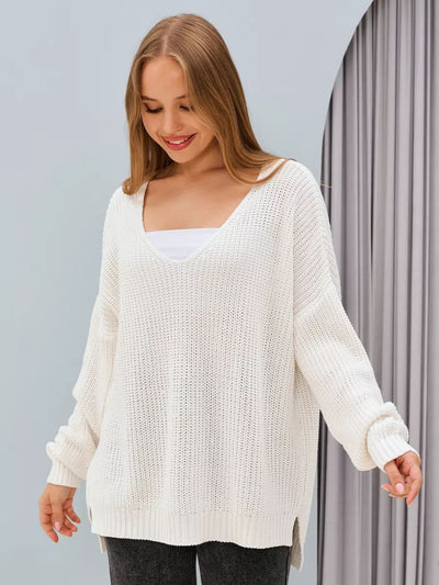 Damen Oversized Strickpullover mit asymmetrischem Ausschnitt und breiten Rippstrickdetails Heidi-Mode