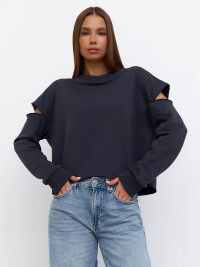 Damen lässiges Sweatshirt mit asymmetrischen Cut-Out-Details und oversized Schnitt Heidi-Mode