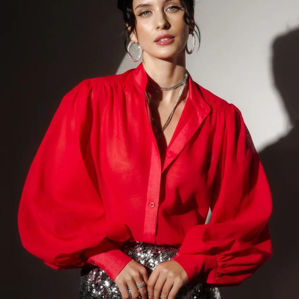 Damen Elegante Bluse mit voluminösen Puffärmeln und transparentem Stoff Heidi-Mode