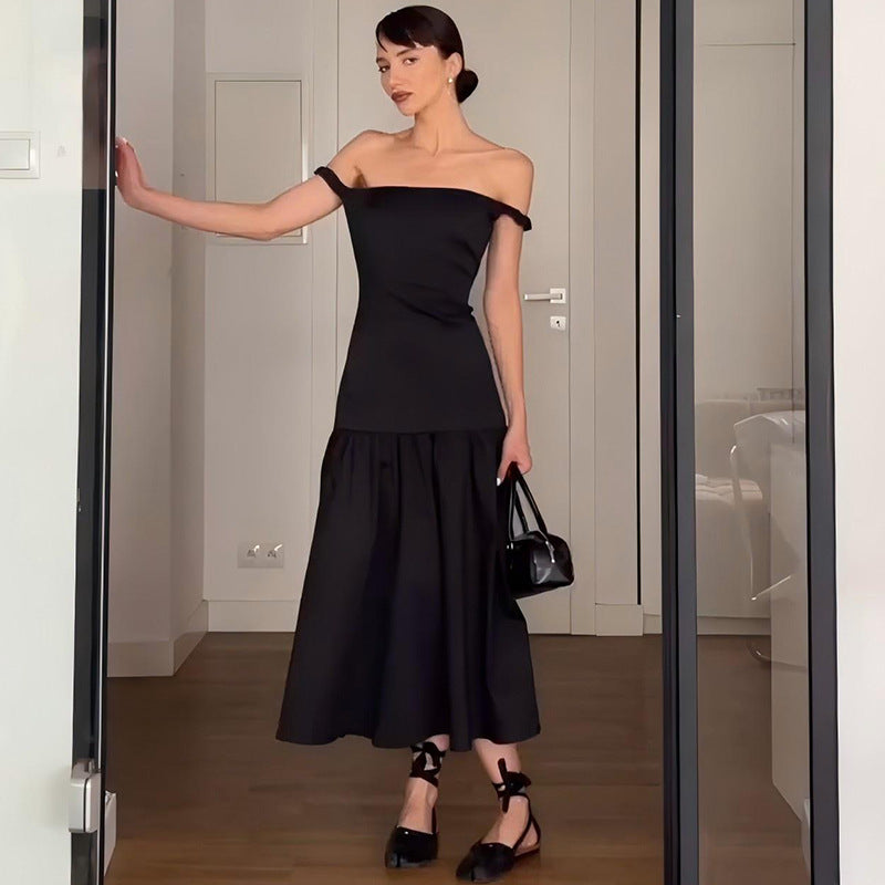 Damen Elegantes Off-Shoulder Kleid mit fließendem Rock und Rüschendetails Heidi-Mode