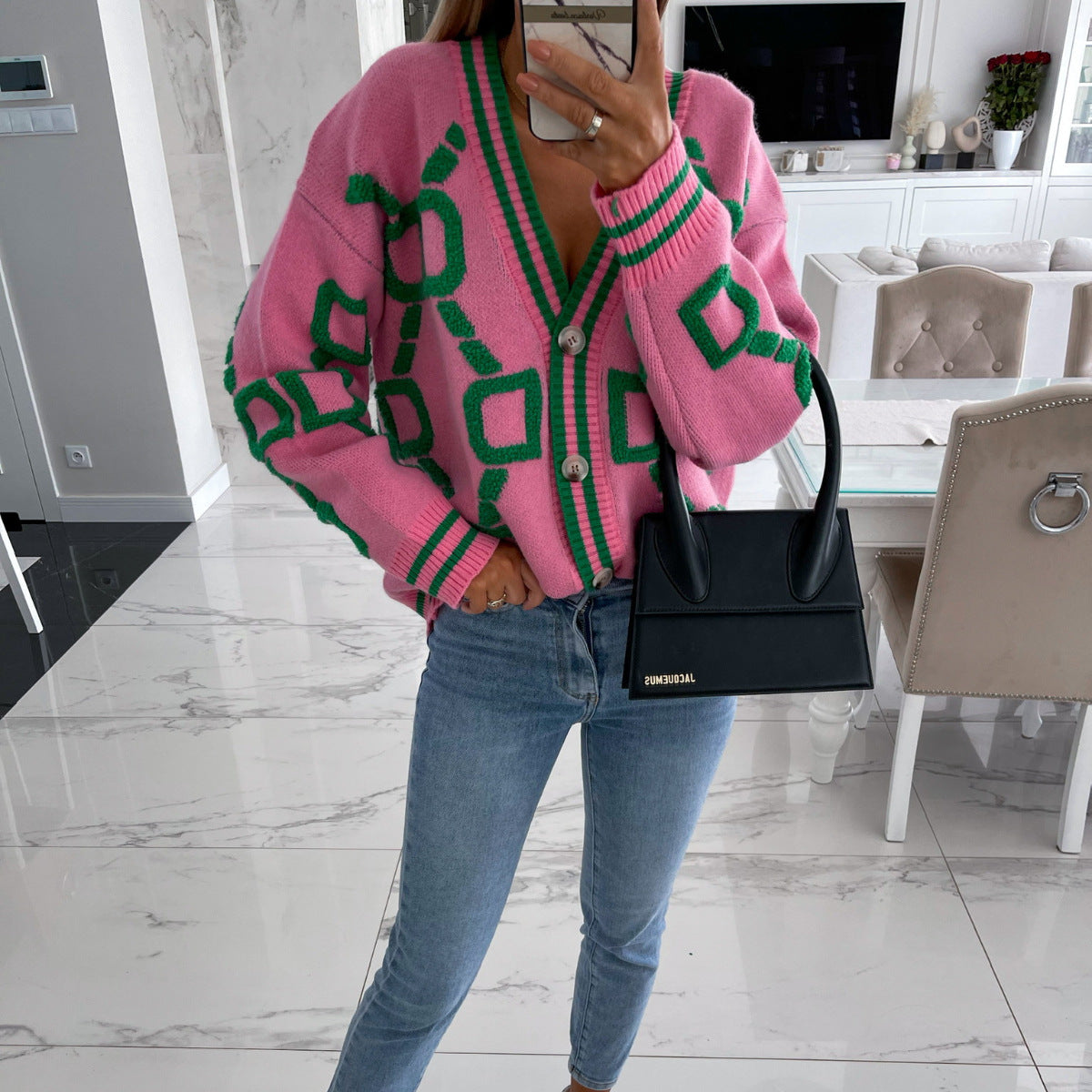 V-Ausschnitt Lässiger Farbkontrast Strickcardigan