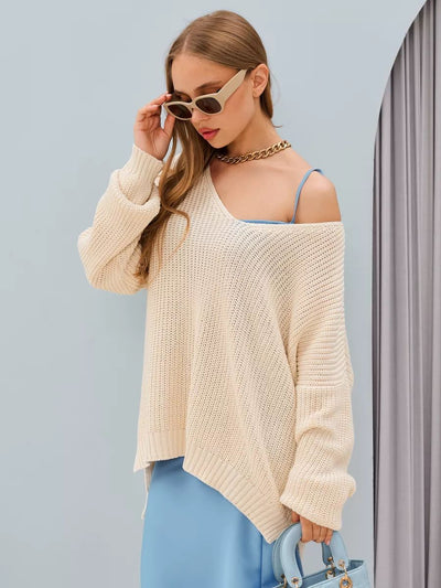 Damen Oversized Strickpullover mit asymmetrischem Ausschnitt und breiten Rippstrickdetails Heidi-Mode