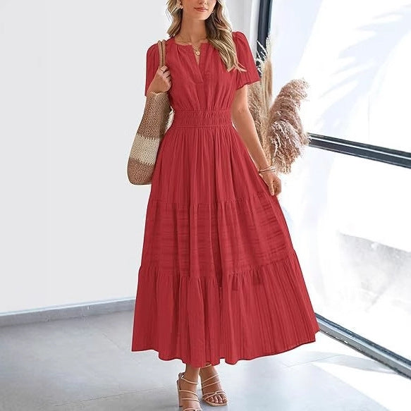 Damen Maxikleid mit elegantem V-Ausschnitt und Rüschendetails Heidi-Mode