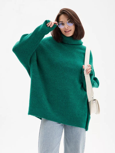 Damen kuscheliger Oversized Pullover mit hohem Kragen und konischem Schnitt Heidi-Mode