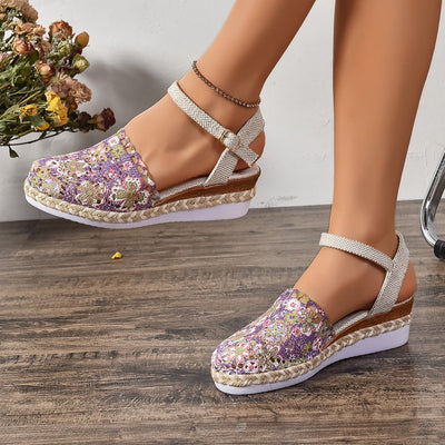 Damen elegante Espadrilles mit handgefertigtem Häkel-Design und verstellbarem Knöchelriemen Heidi-Mode