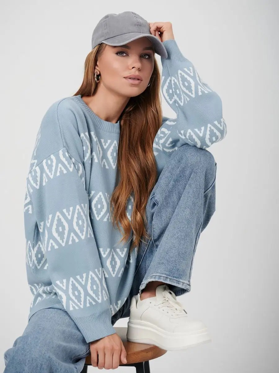 Damen lässiger Strickpullover mit geometrischem Muster Heidi-Mode