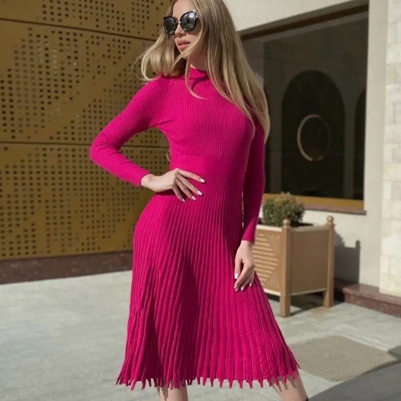 Damen elegantes Strickkleid mit feiner Rippstruktur und asymmetrischem Saum Heidi-Mode