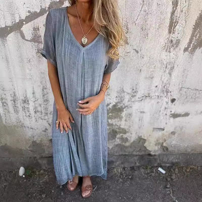 Damen luftiges V-Ausschnittkleid aus leichtem Stoff mit schwingendem Saum Heidi-Mode