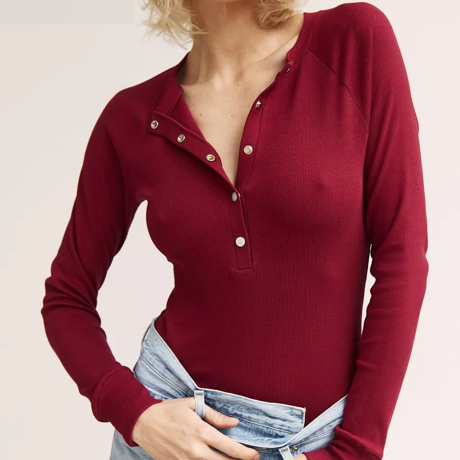 Damen Langarmshirt mit Knopfleiste und feiner Rippstruktur Heidi-Mode