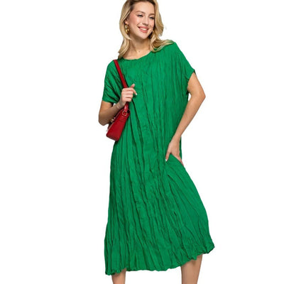 Damen lässiges Midikleid aus leichtem Stoff mit Faltenwurf und kurzem Arm Heidi-Mode