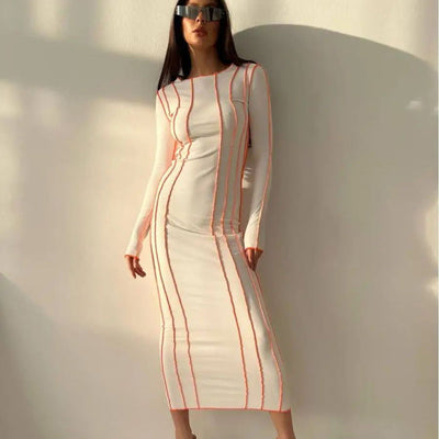 Damen figurbetontes Midikleid mit modernen Streifen und langen Ärmeln Heidi-Mode