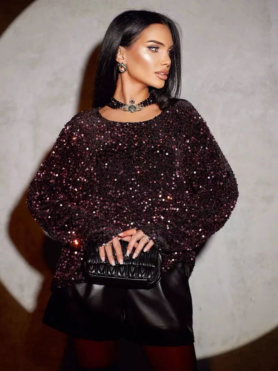 Damen Glitzerndes Oversized Oberteil mit funkelnden Pailletten Heidi-Mode