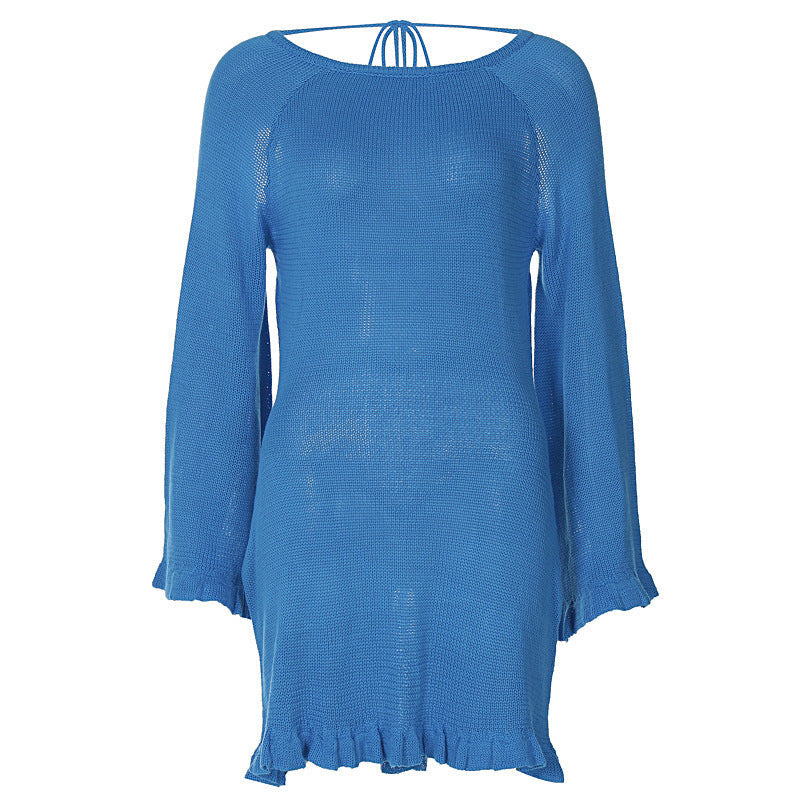 Damen Strickkleid mit tiefem Rückenausschnitt und voluminösen Ärmeln Heidi-Mode