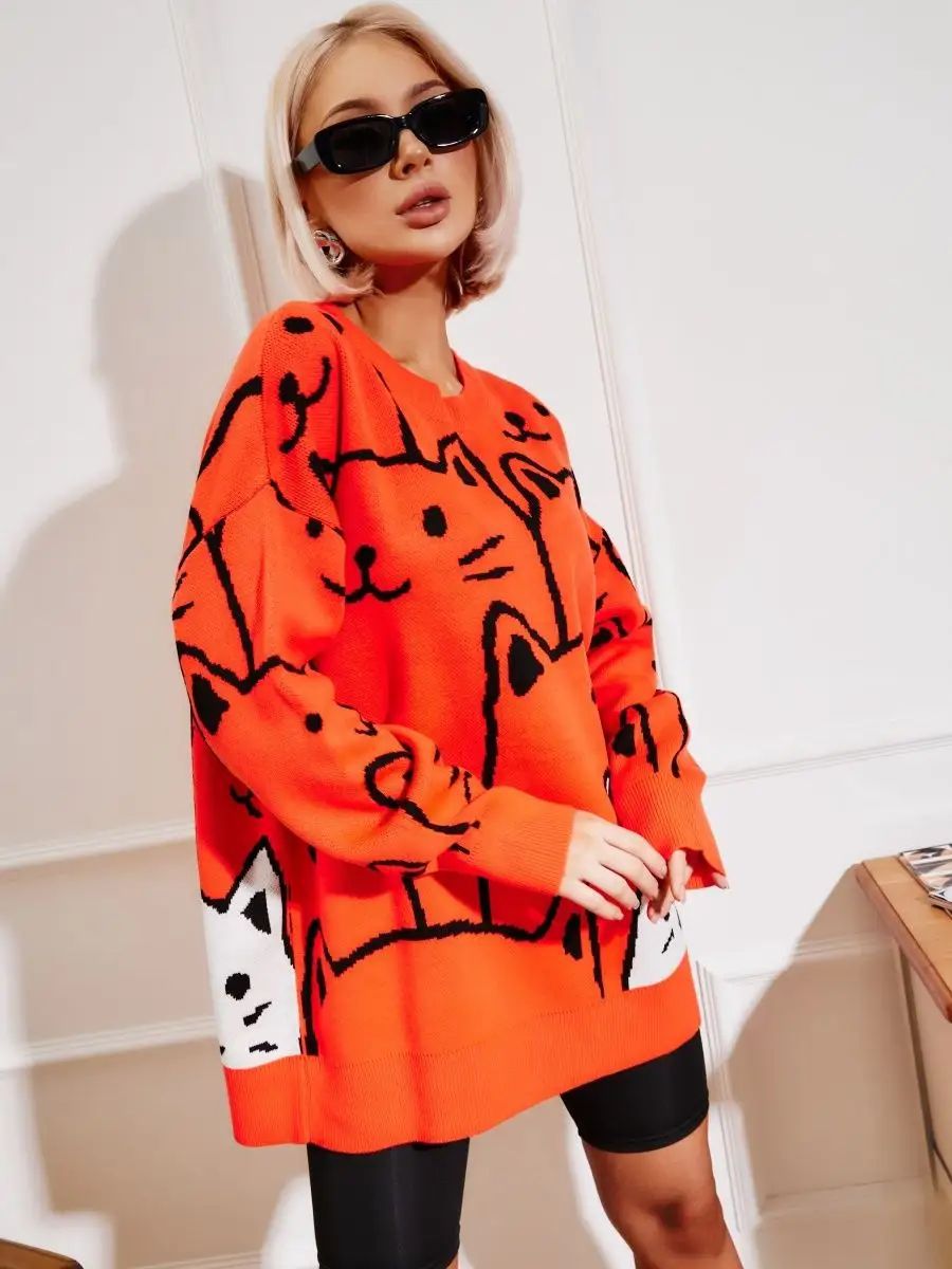 Damen stylischer Pullover mit Katzenmotiv und lässigem Schnitt Heidi-Mode