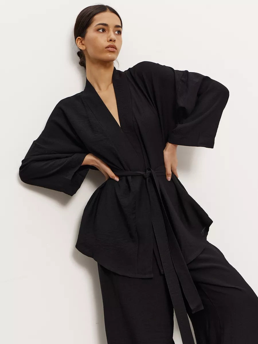 Damen eleganter Kimono-Style Morgenmantel mit stilvollem Gürtel und langen Ärmeln Heidi-Mode