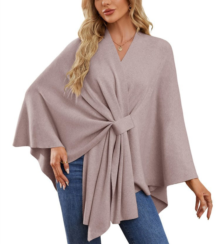 Damen eleganter Strickponcho mit raffinierten Drapierungen und Taillengürtel Heidi-Mode