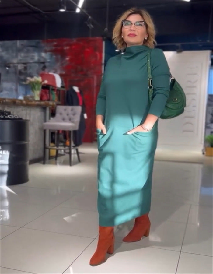 Damen Elegantes Midi-Kleid mit hochgeschlossenem Kragen und langen Ärmeln Heidi-Mode