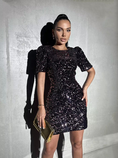 Damen Glitzerndes Minikleid mit Puffärmeln und figurbetontem Schnitt Heidi-Mode