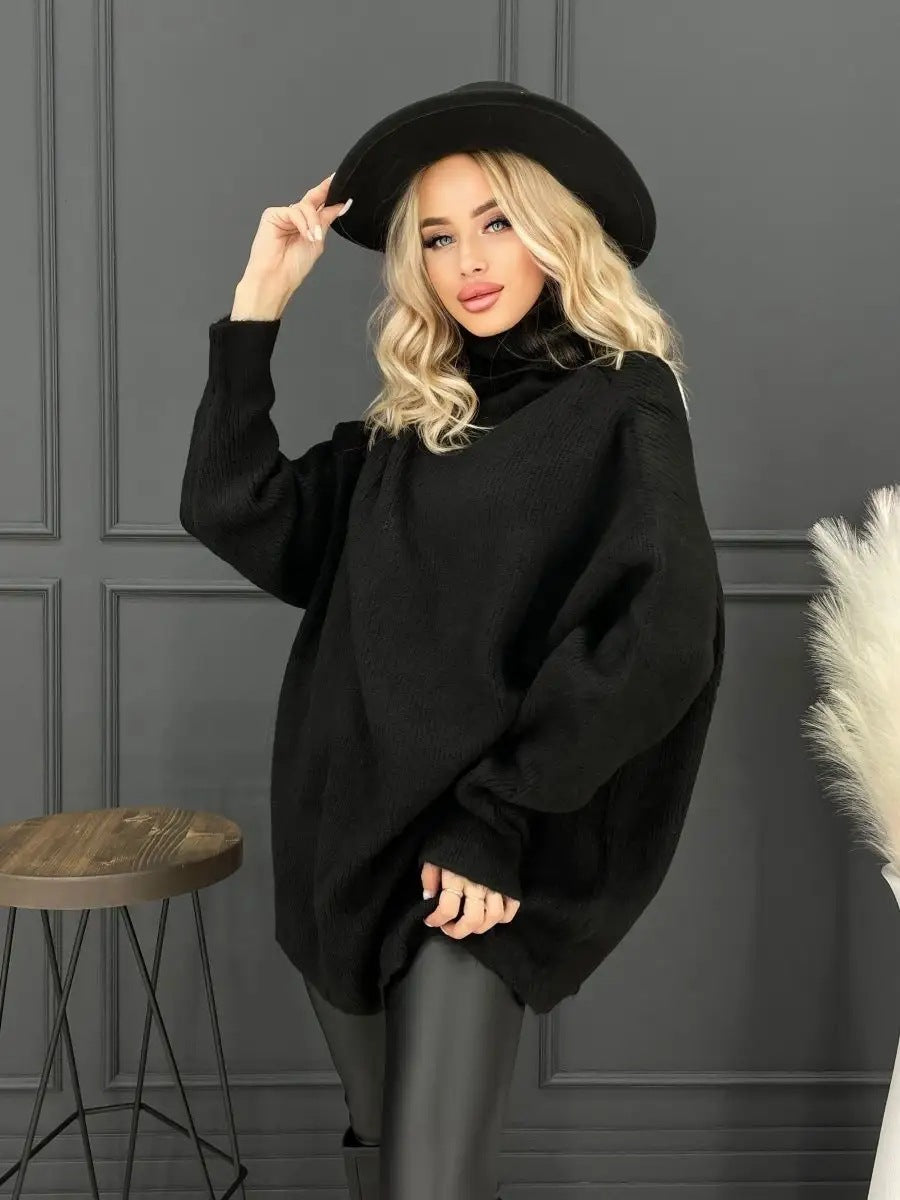 Damen kuscheliger Oversized Pullover mit hohem Kragen und konischem Schnitt Heidi-Mode