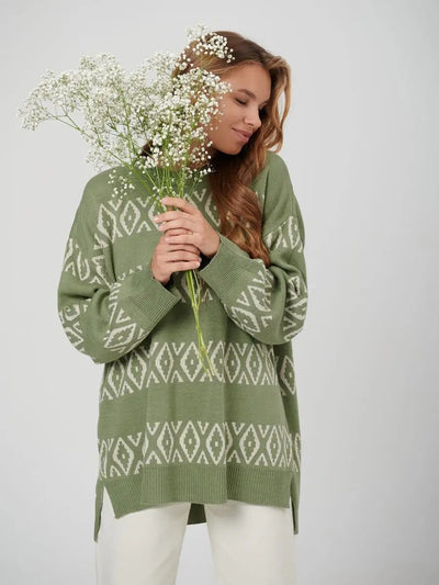 Damen lässiger Strickpullover mit geometrischem Muster Heidi-Mode