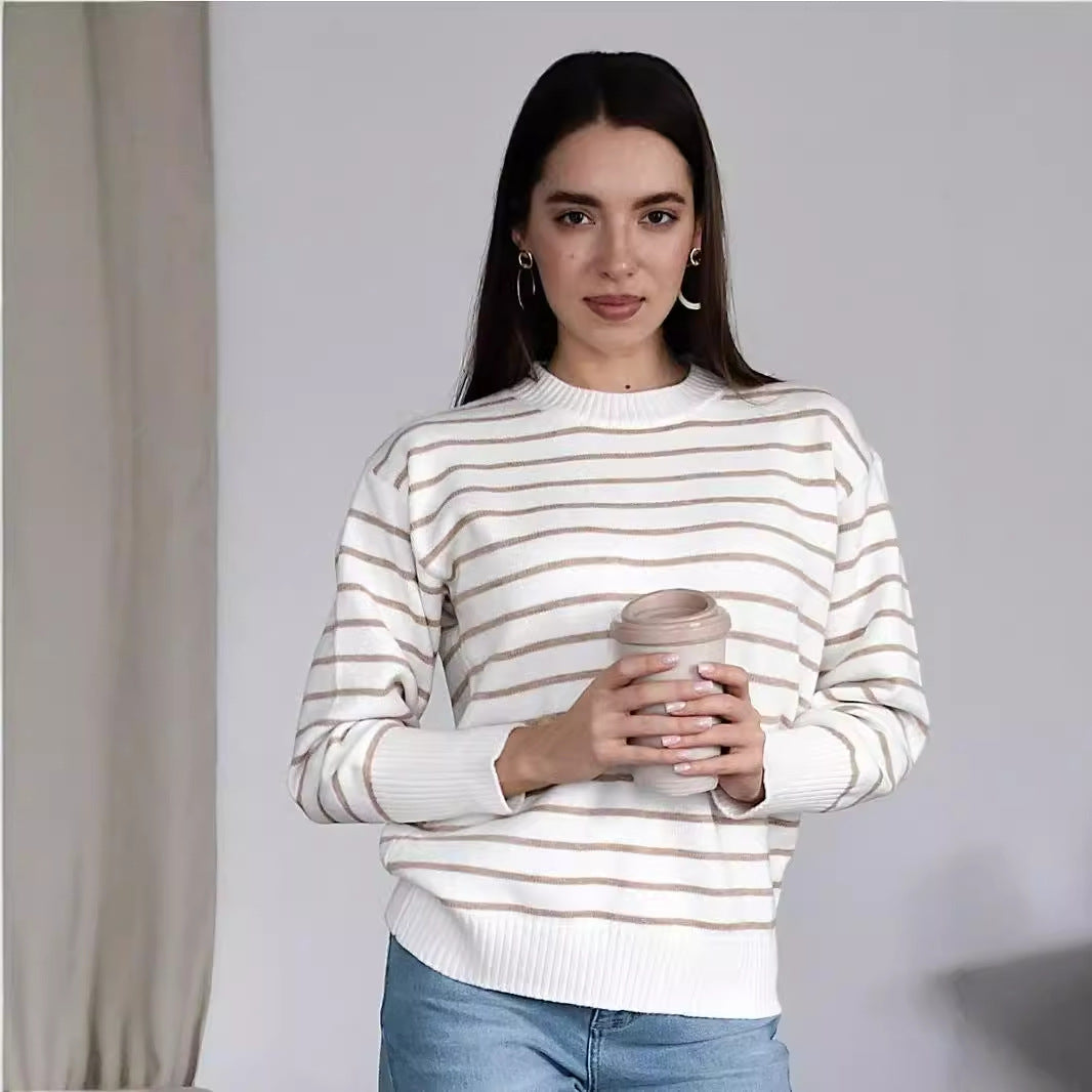 Damen lässiger Streifenpullover mit weitem Schnitt und hochgeschlossenem Rundhalsausschnitt Heidi-Mode