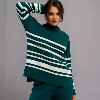 Damen lässiges Strickanzug mit stylischem Streifenmuster und hohem Kragen Heidi-Mode