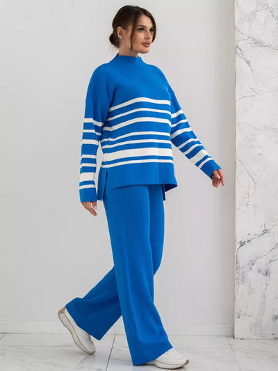 Damen lässiges Strickanzug mit stylischem Streifenmuster und hohem Kragen Heidi-Mode