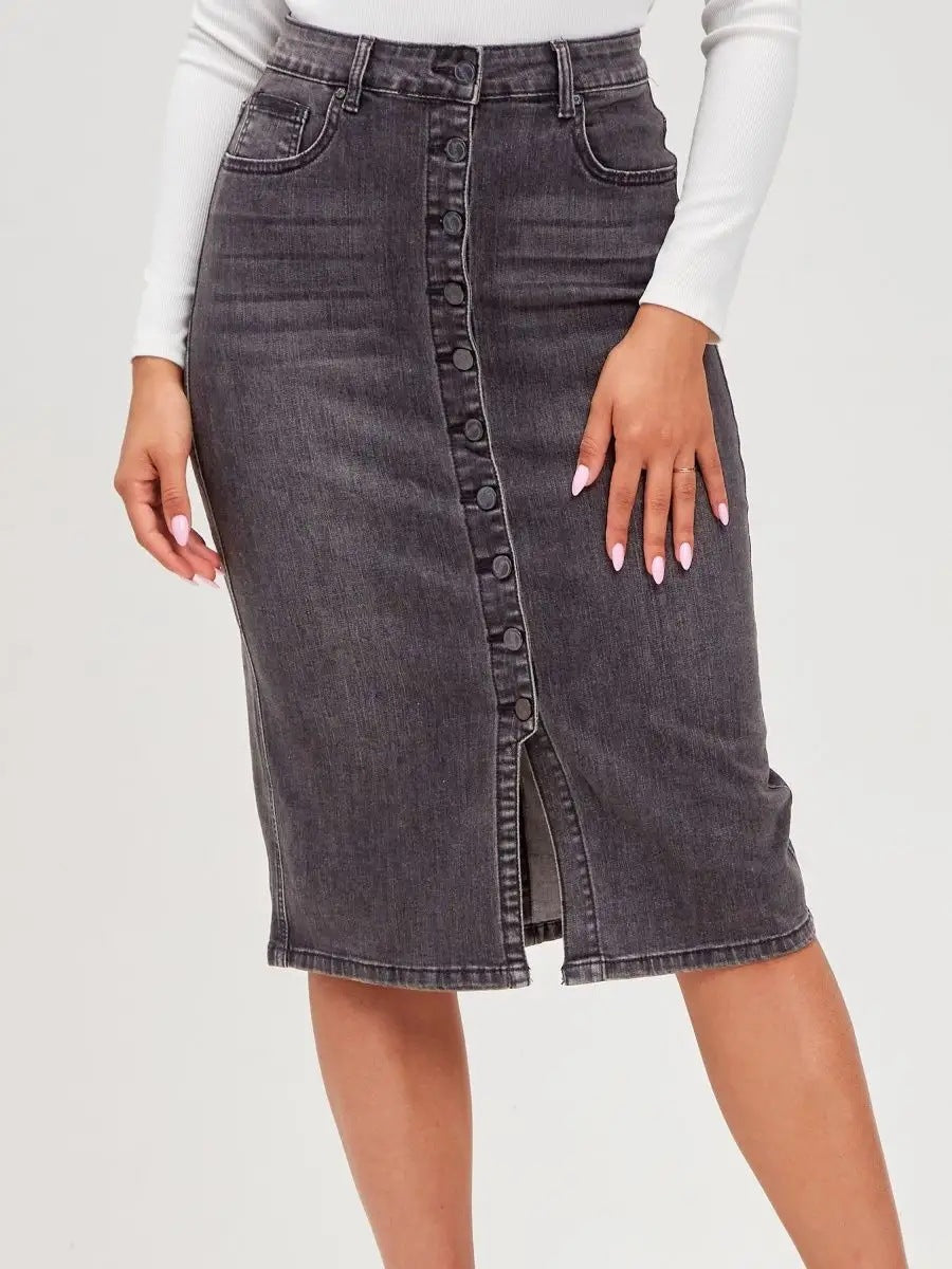 Damen Midirock mit Knopfdetails und seitlichem Schlitz Heidi-Mode