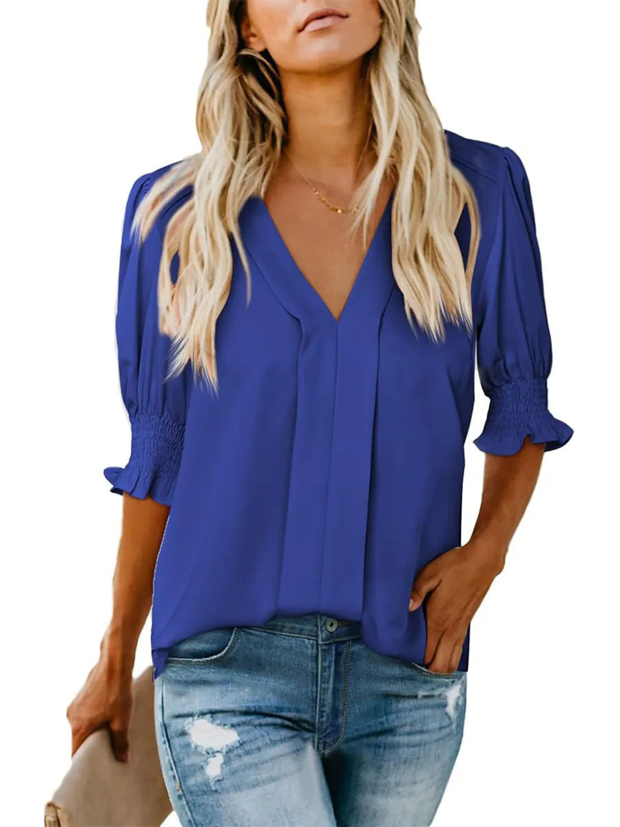 Damen elegante Bluse mit V-Ausschnitt und Rüschendetails Heidi-Mode