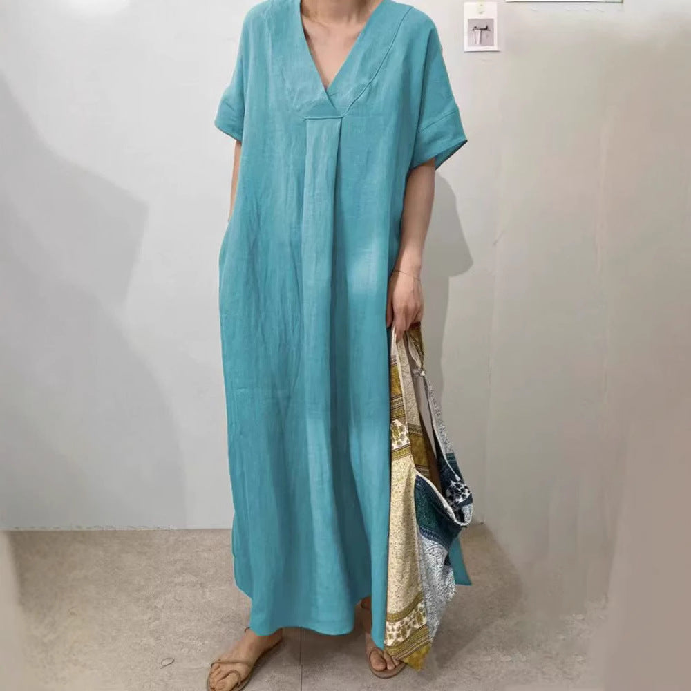 Damen Leichtes Sommerkleid mit V-Ausschnitt und kurzen Ärmeln Heidi-Mode