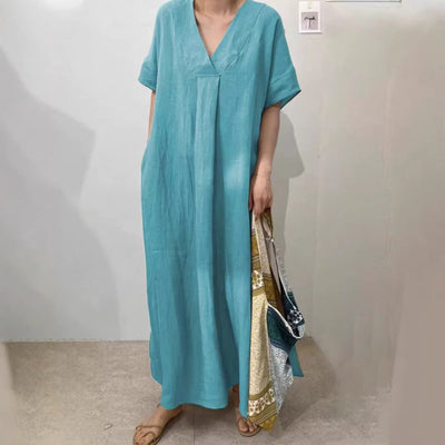 Damen Leichtes Sommerkleid mit V-Ausschnitt und kurzen Ärmeln Heidi-Mode