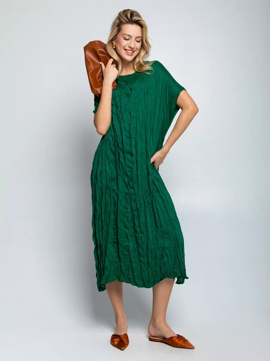 Damen lässiges Midikleid aus leichtem Stoff mit Faltenwurf und kurzem Arm Heidi-Mode