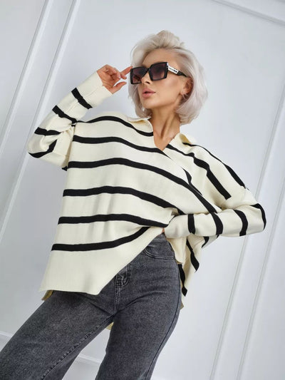 Damen lässiger Strickpullover mit klassischem Polokragen und modischem Streifenmuster Heidi-Mode